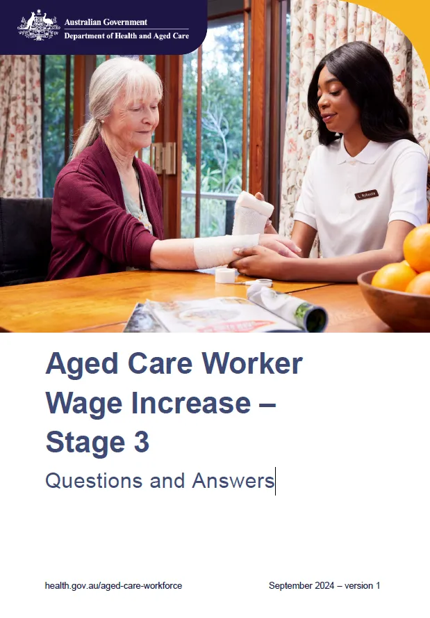 Cover page for the Aged Care Worker Award Wage Increase – Stage 3 – Questions and answers