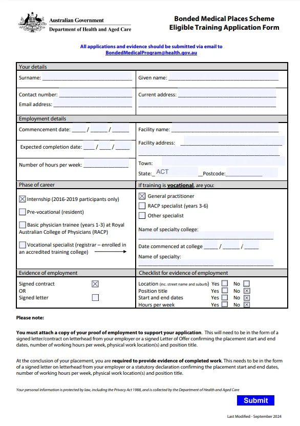 Bonded Medical Places Scheme Eligible Training Application Form