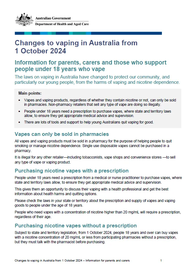Changes to vaping in Australia from 1 October 2024 – fact sheet for parents and carers