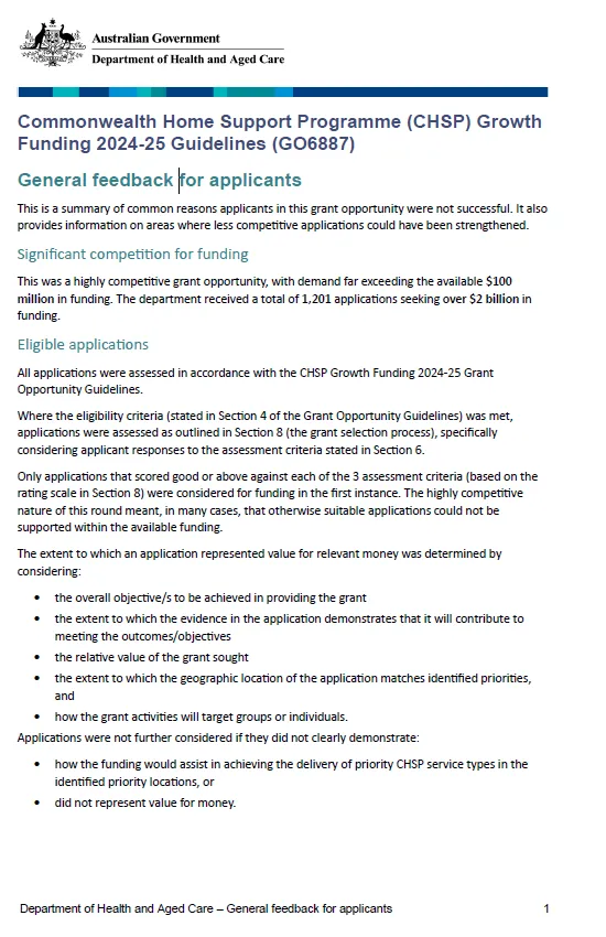 Image of Commonwealth Home Support Programme (CHSP) Growth Funding 2024-25 (GO6887) applicant feedback summary