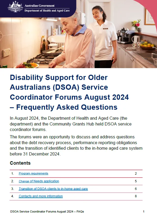 Cover page for the Disability Support for Older Australians (DSOA) Service Coordinator Forums August 2024 – Frequently Asked Questions