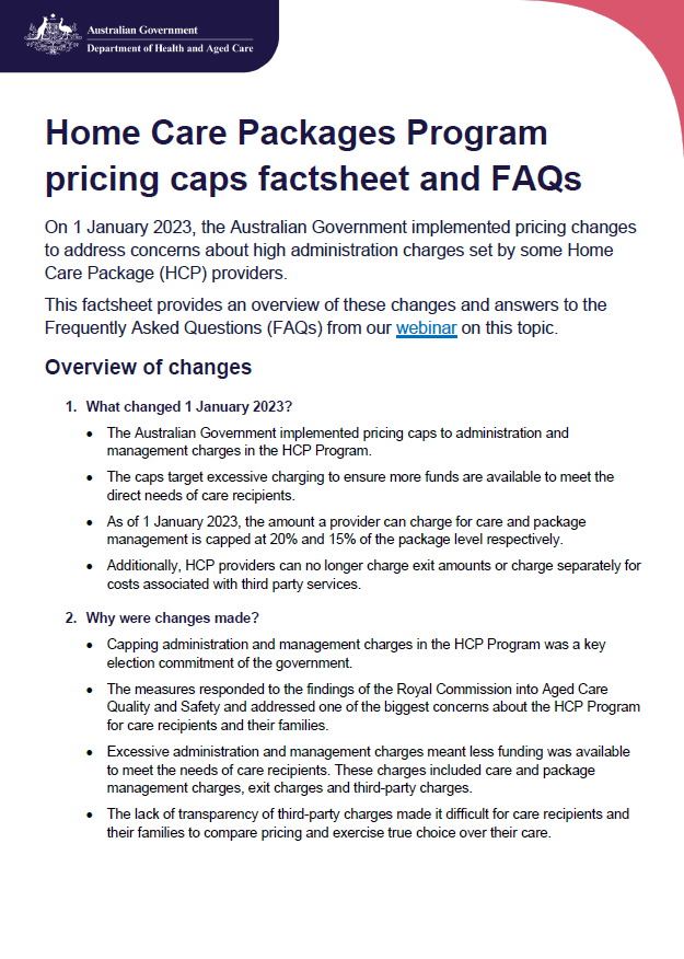 Home Care Packages Program pricing caps fact sheet and frequently asked questions