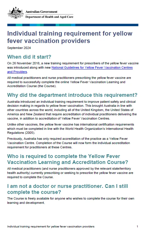 Cover image of the Individual training requirement for yellow fever vaccination providers fact sheet