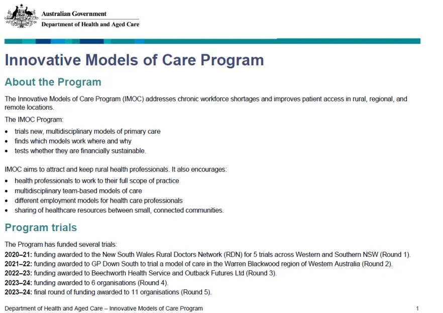 Cover page for the Innovative Models of Care Program