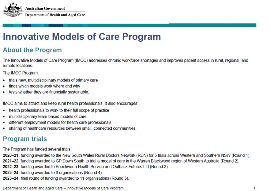 Cover page for the Innovative Models of Care Program