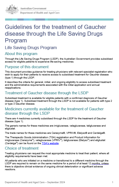 Cover page for the Life Saving Drugs Program – Gaucher disease (type 1) – Guidelines