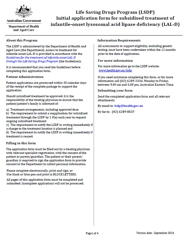 Cover image for the Life Saving Drugs Program – Infantile-onset lysosomal acid-lipase deficiency disease (LAL-D) – Initial application