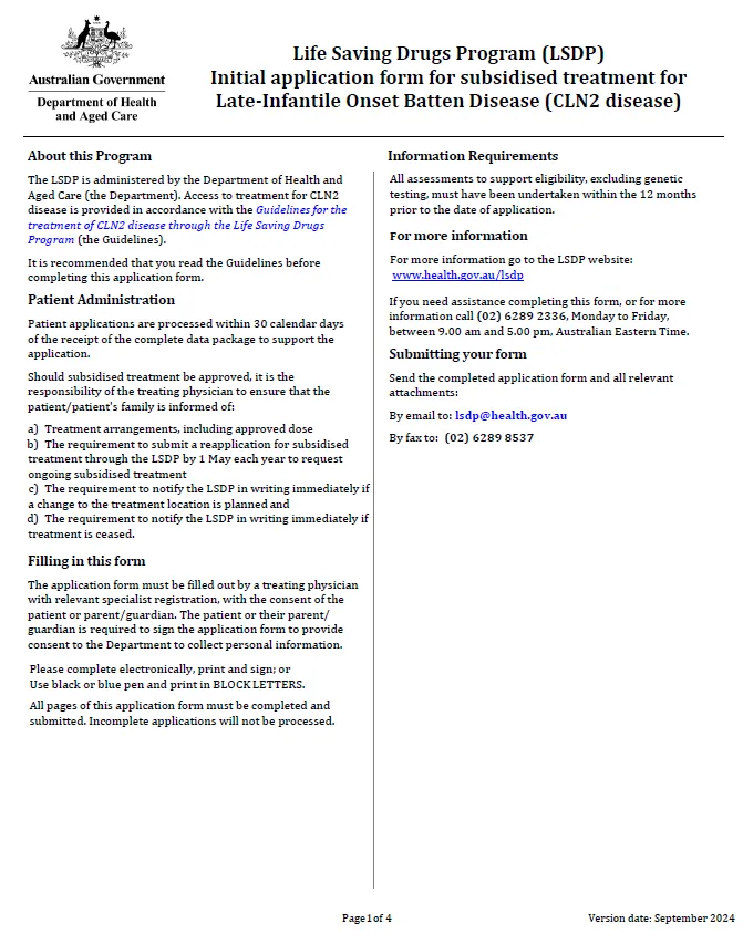 Cover page for the Life Saving Drugs Program – Late infantile Batten disease (CLN2 disease) – Initial application