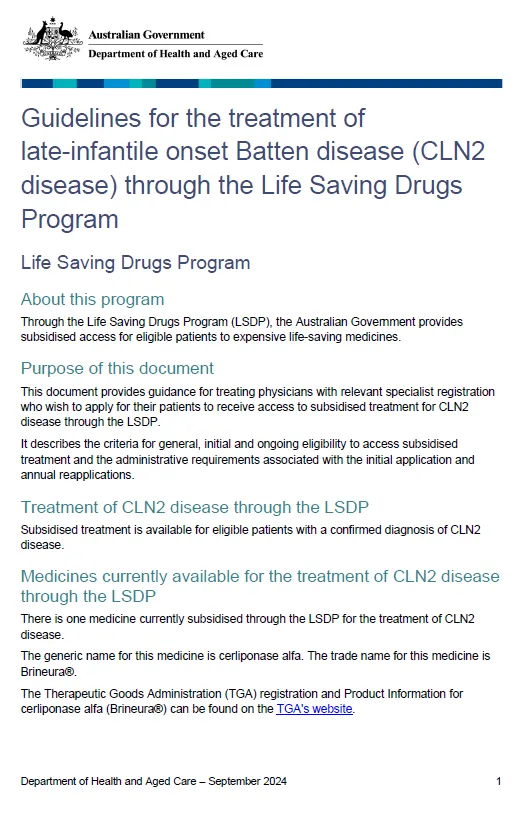 Cover page for the Life Saving Drugs Program – Late infantile Batten disease (CLN2)