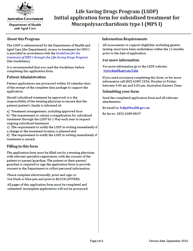 Cover page for the Life Saving Drugs Program – Mucopolysaccharidosis type I (MPS I) – Initial application