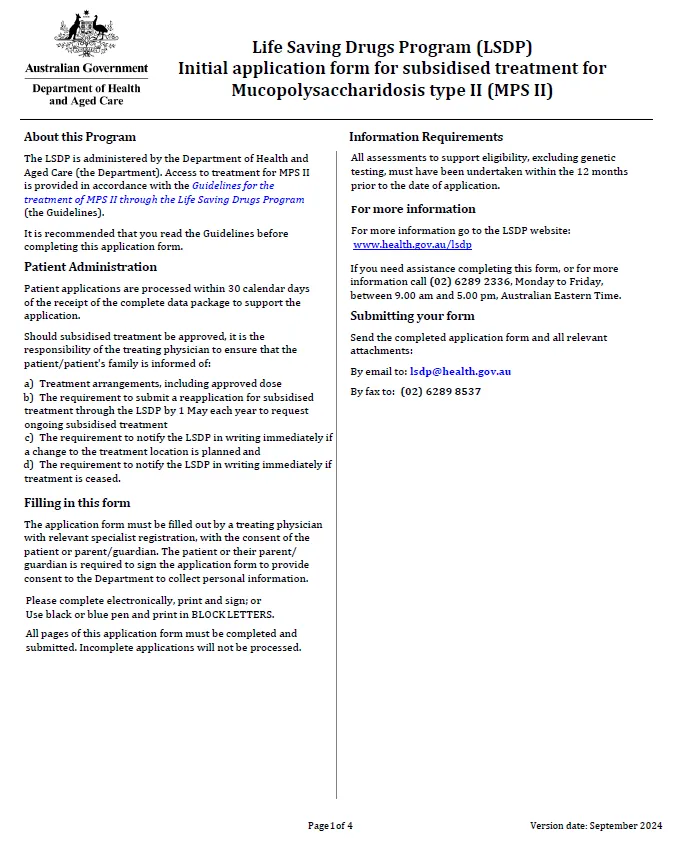 Cover page for the Life Saving Drugs Program – Mucopolysaccharidosis type II (MPS II) – Initial application
