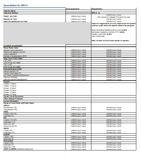 Image of the Mucopolysaccharidosis type II (MPS II) – Patient test results spreadsheet