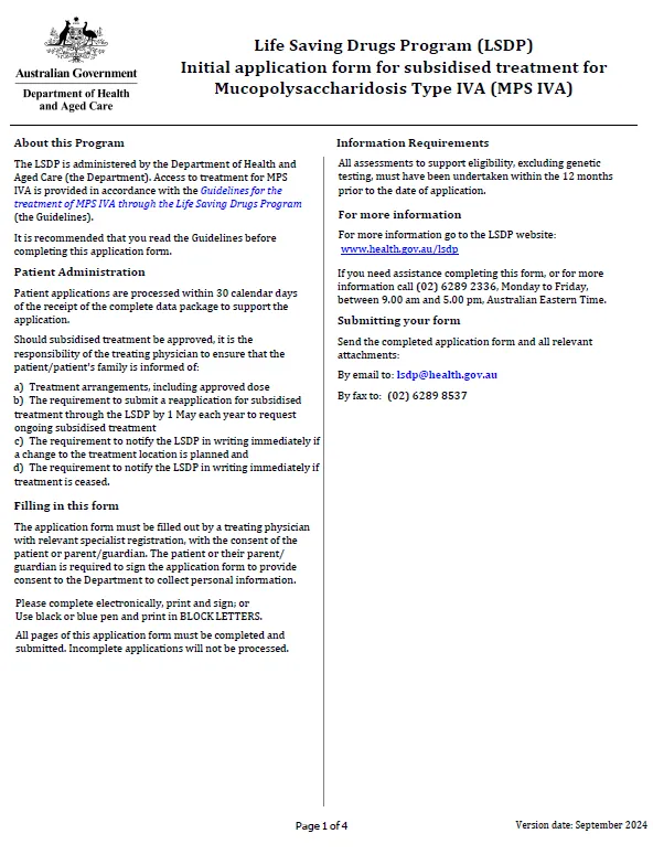 Cover for the Life Saving Drugs Program – Mucopolysaccharidosis type IVA (MPS IVA) – Initial application