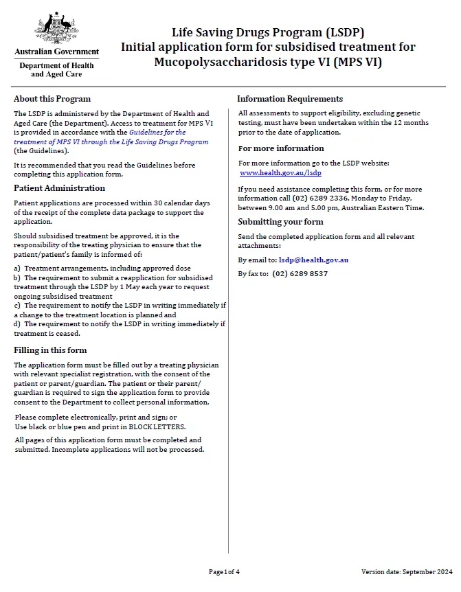 Cover page for the Life Saving Drugs Program – Mucopolysaccharidosis type VI (MPS VI) – Initial application