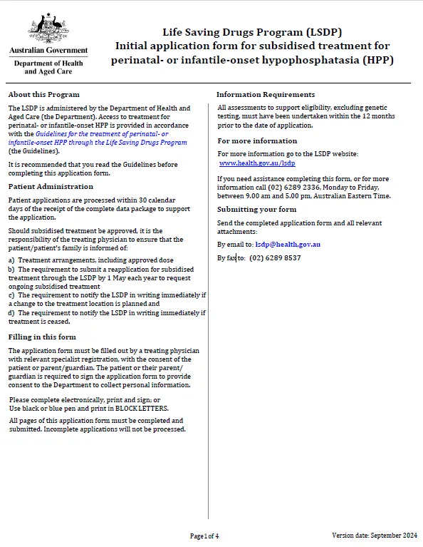 Cover for the Life Saving Drugs Program – Perinatal- or infantile-onset hypophosphatasia (HPP) – Initial application