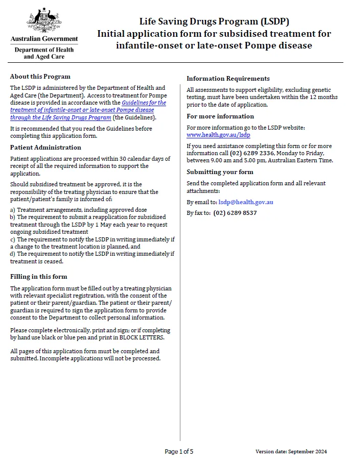 Cover image for Life Saving Drugs Program – Pompe disease – Initial application
