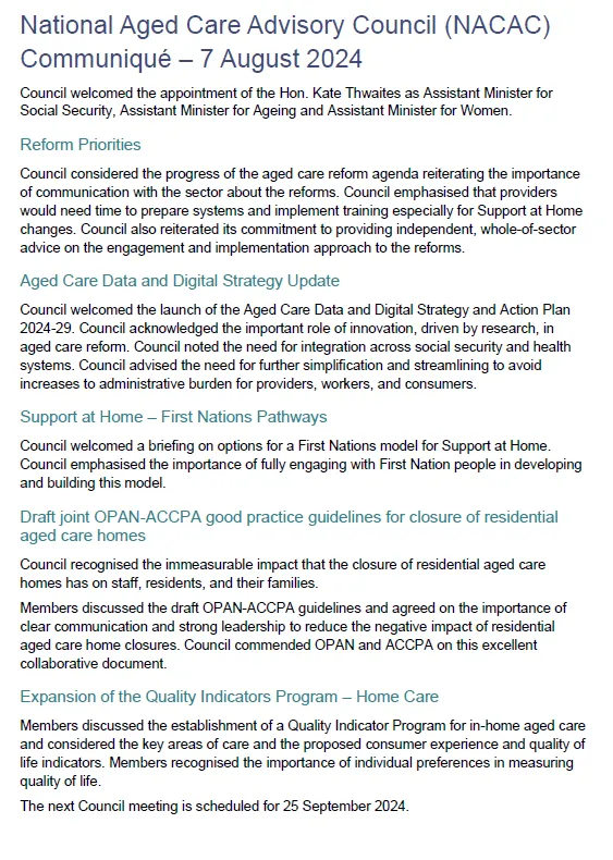 Cover page for the National Aged Care Advisory Council communique – August 2024