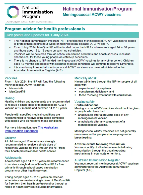 Cover page for the National Immunisation Program – Meningococcal ACWY vaccines – Program advice for health professionals (July 2024)