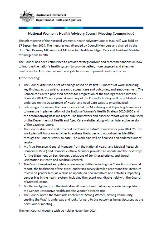 National Women’s Health Advisory Council communique – 17 September 2024