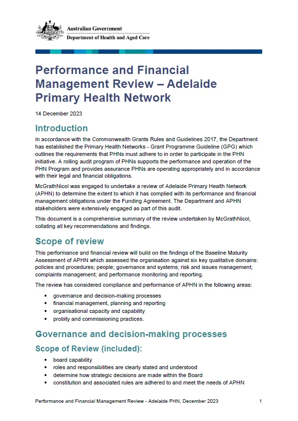 Performance and Financial Management Review – Adelaide Primary Health Network