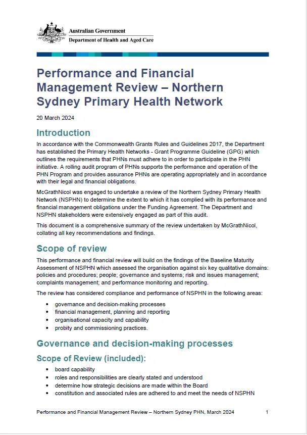 Performance and Financial Management Review – Northern Sydney Primary Health Network