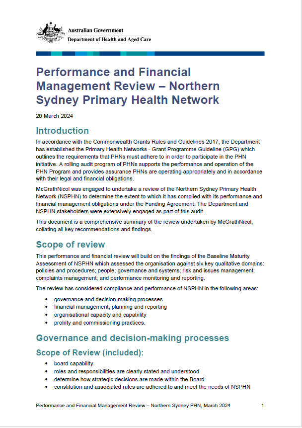 Performance and Financial Management Review – Northern Sydney Primary Health Network