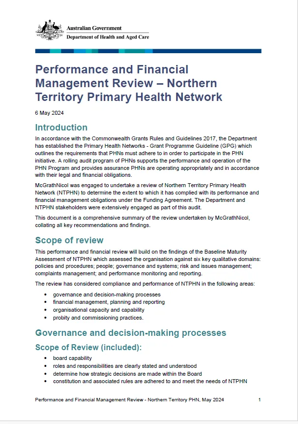 Performance and Financial Management Review – Northern Territory Primary Health Network