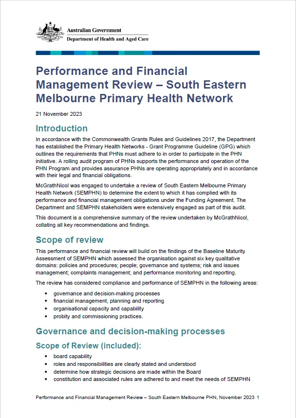 Performance and Financial Management Review of the Primary Health Network