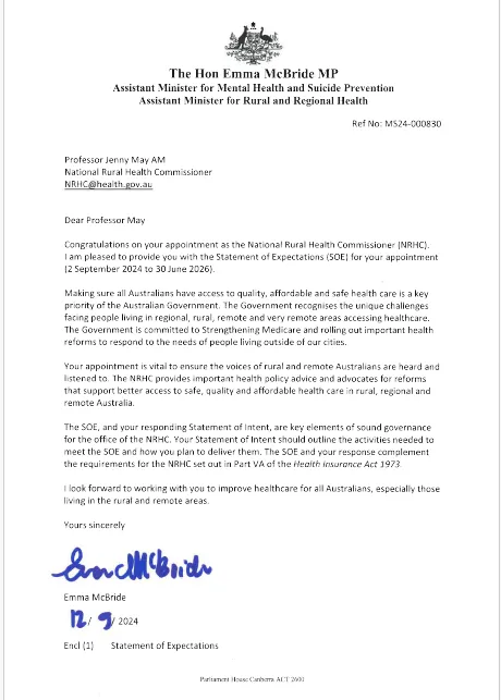 Statement of Expectations for the National Rural Health Commissioner 2 September 2024 – 30 June 2026