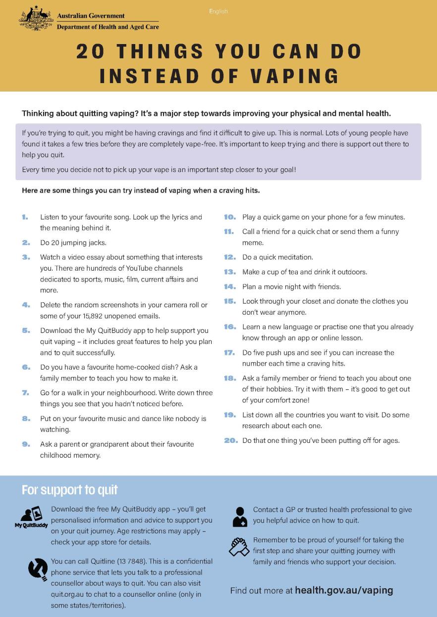 Cover page of the 20 things you can do instead of Vaping fact sheet