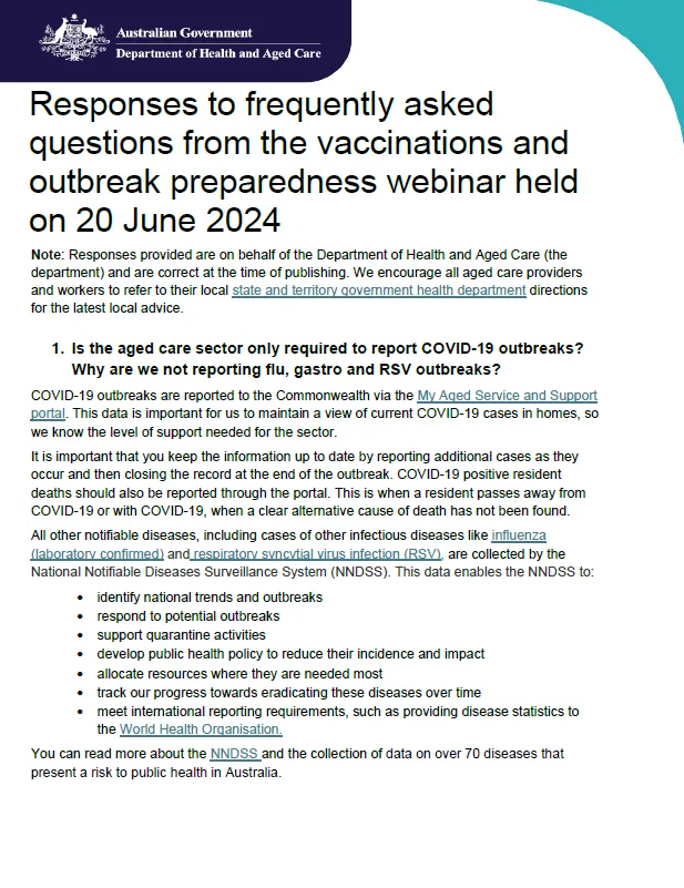 Cover image for the Aged care vaccinations and preparing for outbreaks webinar – FAQ
