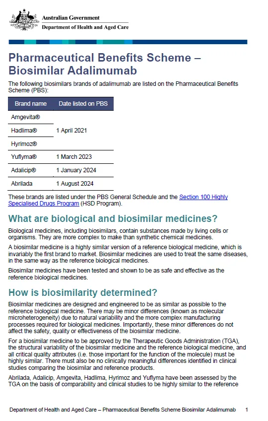 Cover page for the Biosimilar medicine fact sheet – adalimumab