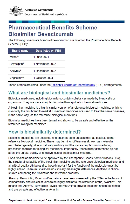 Cover page for the Biosimilar medicine fact sheet – bevacizumab