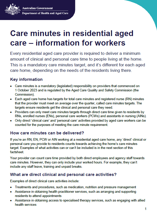 Cover page for the Care minutes in residential aged care – information for workers