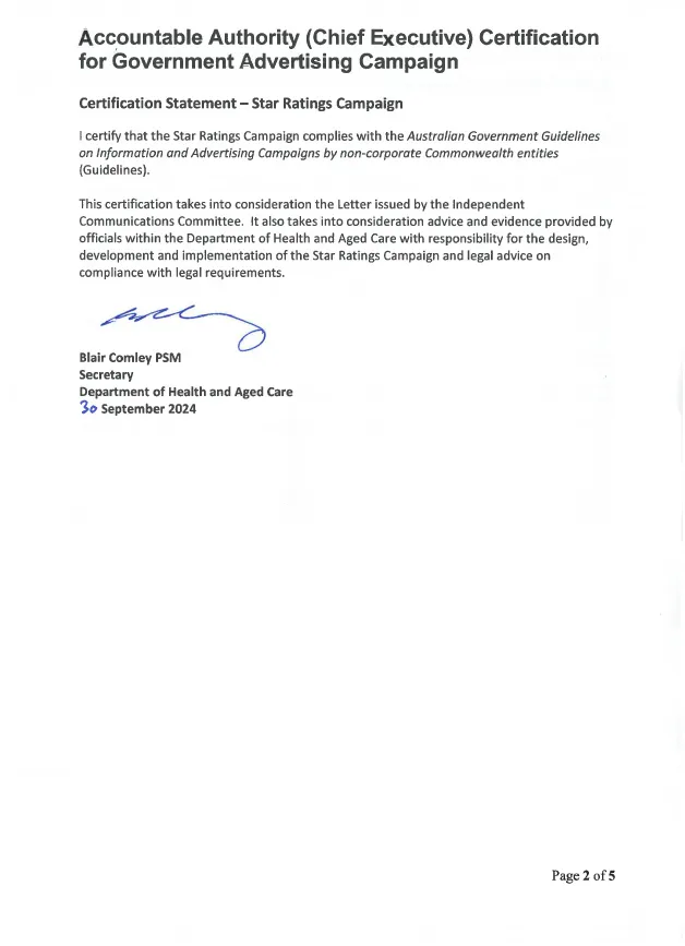 Certification statement – Star Ratings for residential aged care campaign