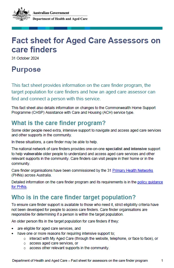 cover sheet for the Fact sheet for Aged Care Assessors on care finders