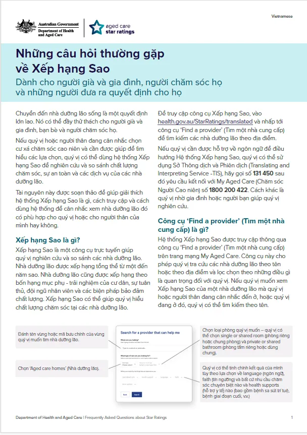 Những câu hỏi thường gặp về Hệ thống Xếp hạng Sao – cho người cao niên và các hệ thống hỗ trợ họ