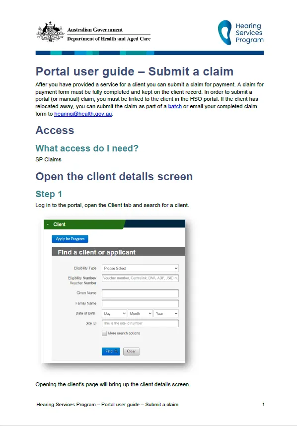 Hearing Services Program portal user guide – Submit a claim