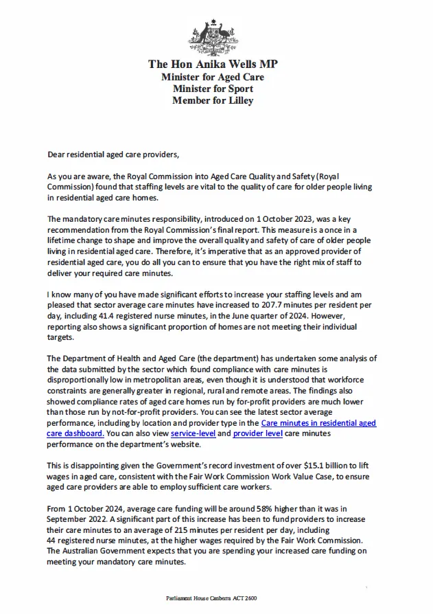 Letter to aged care providers from the Minister for Aged Care about care minutes – 1 October 2024