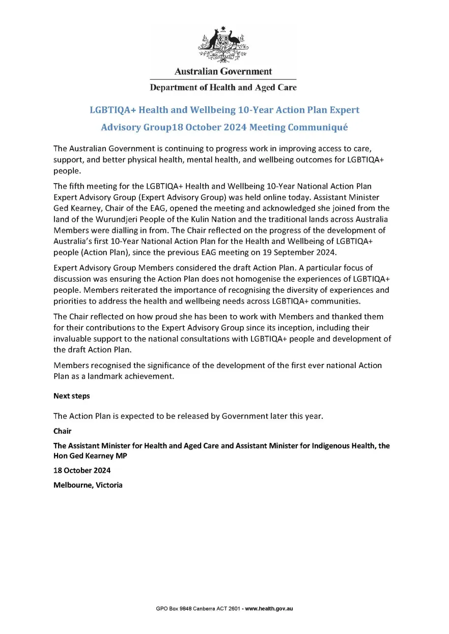 Image of the LGBTIQA+ Health and Wellbeing 10-year National Action Plan Expert Advisory Group (EAG) communique