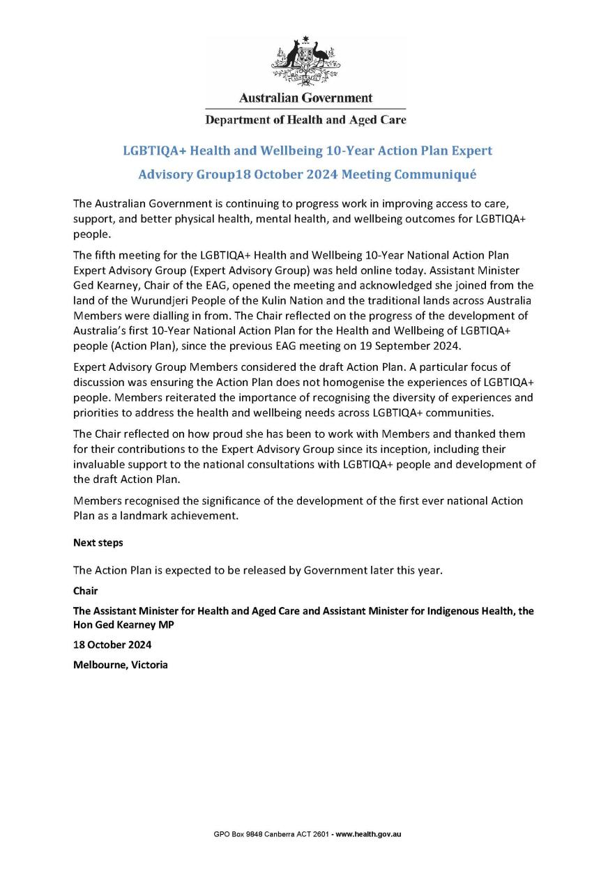 Image of the LGBTIQA+ Health and Wellbeing 10-year National Action Plan Expert Advisory Group (EAG) communique