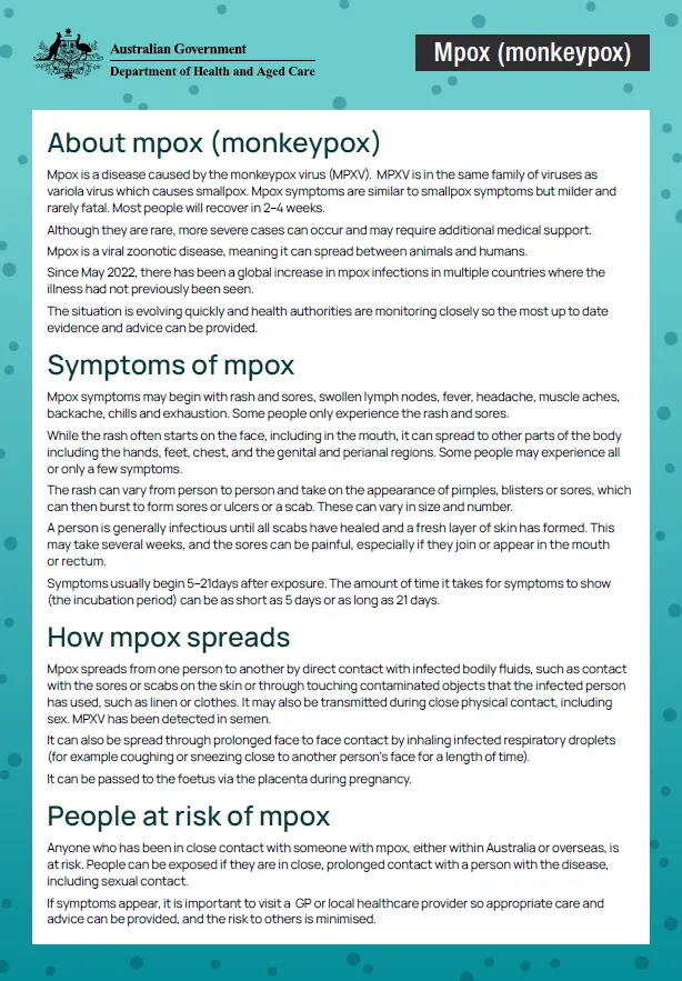 Cover image for the Mpox (monkeypox) fact sheet – Symptoms, risks and treatment