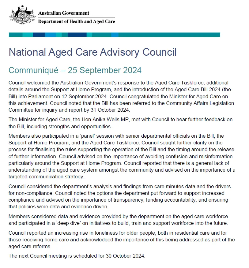 National Aged Care Advisory Council Communique September 2024
