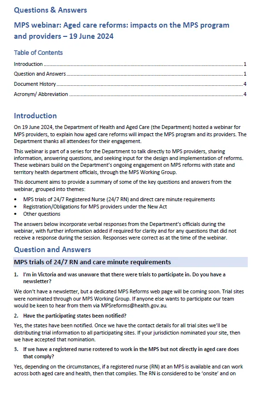 Image of page 1 for the Q&A webinar 2 on Aged care reforms