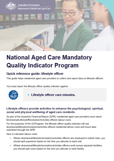 Cover page for the QI Program quick reference guide – Lifestyle officer fact sheet