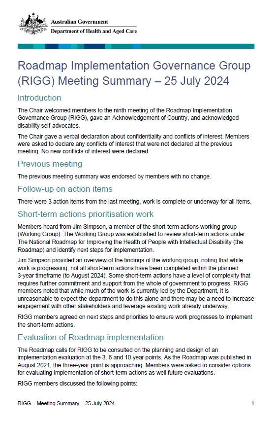 Cover page for the Roadmap Implementation Governance Group (RIGG) – Meeting Summary
