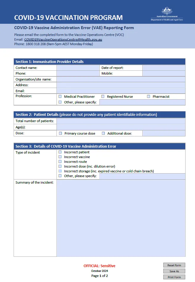 Vaccine Administration Error form