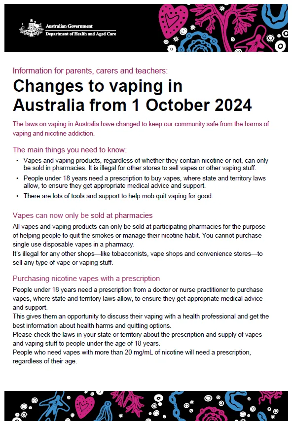 Cover page for the Vaping fact sheet for parents and carers in First Nations communities