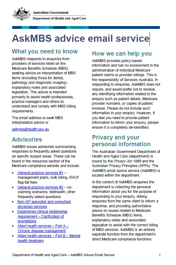 Cover page for the AskMBS email advice service fact sheet (Oct 2024)