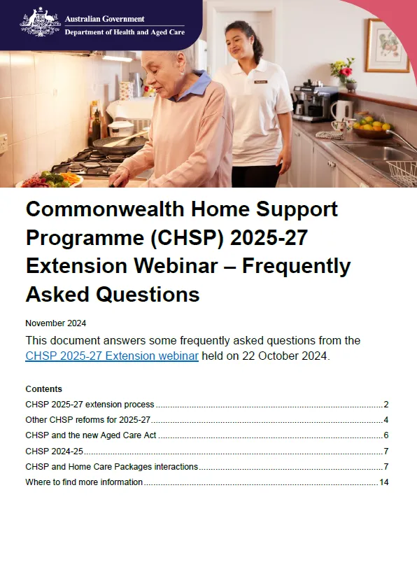 Cover page for the CHSP 2025-27 Extension Webinar – Frequently Asked Questions